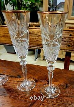 Ajka Odessa 3 Crystal Glass Clear Cut Wine Champagne Flute Gold Rim 9.75 Set