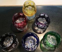 Ajka SET of 6 Multi Color Cased Cut to Clear Crystal Brandy Snifters