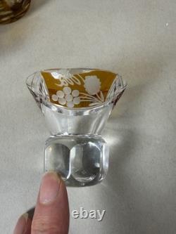 Amber Decanter 2 Bohemian Cut To Clear Cordial Shot Glasses