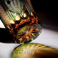 Amber Green Whiskey Glasses Japanese Style Hand Cut Crystal Kiriko Glass 8.5oz