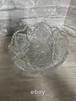 American Antique Vintage Cut Crystal Glass Bowl Sawtooth Stars 10 Serving Dish