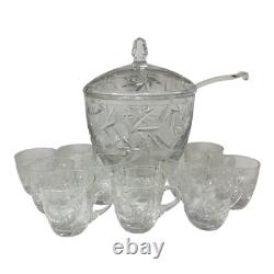 American Brilliant Crystal Cut Glass Punch Bowl Set