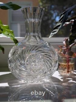 American Brilliant Cut Crystal Glass Carafe 8.5 Tall, Hobstar & Fan Pattern