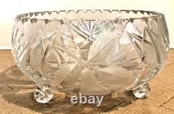 American Brilliant Cut Glass Crystal Bowl 3 Footed Hobstar Pears Leaves Sawtooth