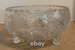 American Brilliant Cut Glass Crystal Bowl 3 Footed Hobstar Pears Leaves Sawtooth