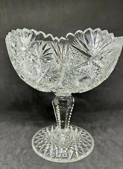 American Brilliant Cut Glass-Large/Deep Compote-Flashed Hobstars-Notched Stem