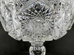 American Brilliant Cut Glass-Large/Deep Compote-Flashed Hobstars-Notched Stem