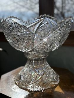 American Brilliant Cut Glass Pedestal Punch Bowl 14 Libbey Style Cut Crystal