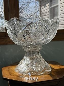 American Brilliant Cut Glass Pedestal Punch Bowl 14 Libbey Style Cut Crystal