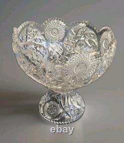 American Brilliant Cut Glass Pedestal Punch Bowl 14 Libbey Style Cut Crystal