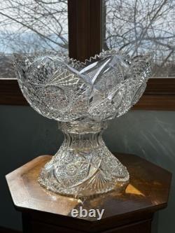 American Brilliant Cut Glass Pedestal Punch Bowl 14 Libbey Style Cut Crystal