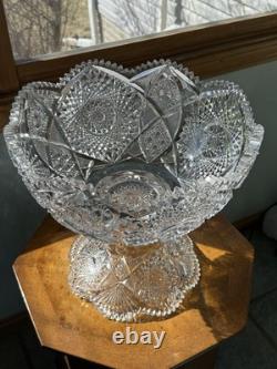 American Brilliant Cut Glass Pedestal Punch Bowl 14 Libbey Style Cut Crystal
