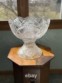 American Brilliant Cut Glass Pedestal Punch Bowl 14 Libbey Style Cut Crystal