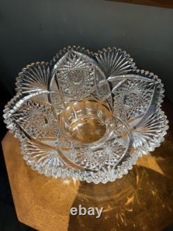 American Brilliant Cut Glass Pedestal Punch Bowl 14 Libbey Style Cut Crystal