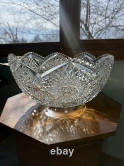 American Brilliant Cut Glass Pedestal Punch Bowl 14 Libbey Style Cut Crystal