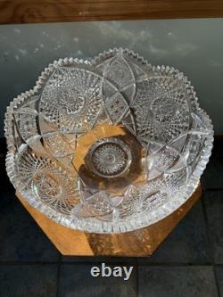 American Brilliant Cut Glass Pedestal Punch Bowl 14 Libbey Style Cut Crystal