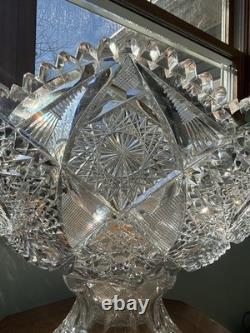 American Brilliant Cut Glass Pedestal Punch Bowl 14 Libbey Style Cut Crystal
