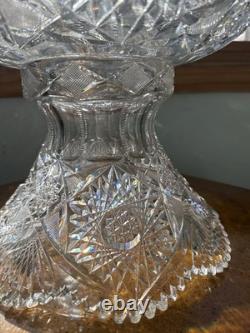 American Brilliant Cut Glass Pedestal Punch Bowl 14 Libbey Style Cut Crystal