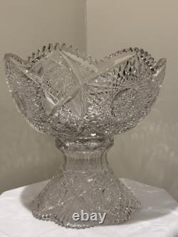 American Brilliant Cut Glass Pedestal Punch Bowl 14 Libbey Style Cut Crystal