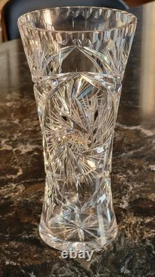 American Brilliant Period Cut Crystal Vase Star Pinwheel Shine 10 Tall