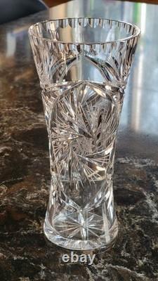 American Brilliant Period Cut Crystal Vase Star Pinwheel Shine 10 Tall