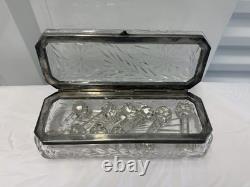 American Brilliant Period Cut Glass glove box silver lid, 6 Crystal Knife Rest