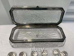 American Brilliant Period Cut Glass glove box silver lid, 6 Crystal Knife Rest