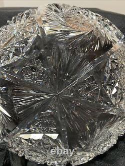 American Cut Crystal Round Shallow Glass Bowl Sawtooth or Hobnail Cut 7 dia