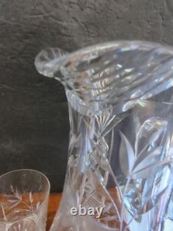 American brilliant cut glass Crystal Floral Jug Pitcher & 4 Tumbers Old Fashion