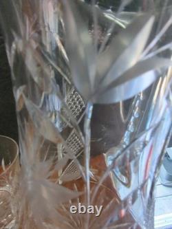 American brilliant cut glass Crystal Floral Jug Pitcher & 4 Tumbers Old Fashion