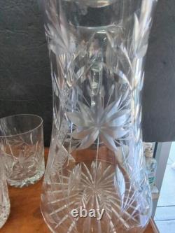 American brilliant cut glass Crystal Floral Jug Pitcher & 4 Tumbers Old Fashion