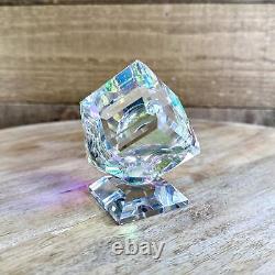 Angled Dichroic Crystal Cube On Base Cut Art Glass Sculpture Paperweight