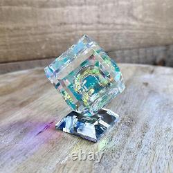 Angled Dichroic Crystal Cube On Base Cut Art Glass Sculpture Paperweight