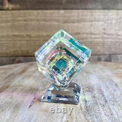 Angled Dichroic Crystal Cube On Base Cut Art Glass Sculpture Paperweight