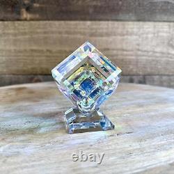 Angled Dichroic Crystal Cube On Base Cut Art Glass Sculpture Paperweight