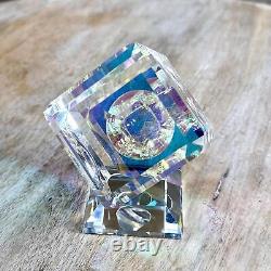 Angled Dichroic Crystal Cube On Base Cut Art Glass Sculpture Paperweight