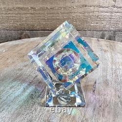 Angled Dichroic Crystal Cube On Base Cut Art Glass Sculpture Paperweight