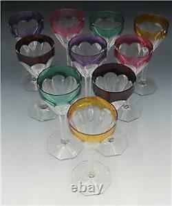 Antique 10 Bohemian Moser Crystal Hock Wine Glasses Goblet Colored Cut To Clear