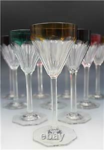 Antique 10 Bohemian Moser Crystal Hock Wine Glasses Goblet Colored Cut To Clear