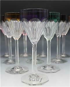 Antique 10 Bohemian Moser Crystal Hock Wine Glasses Goblet Colored Cut To Clear