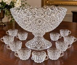 Antique 1880s American Brilliant Cut Crystal Punch Bowl Set 11 Cups Pedestal
