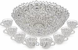 Antique 1880s American Brilliant Cut Crystal Punch Bowl Set 11 Cups Pedestal