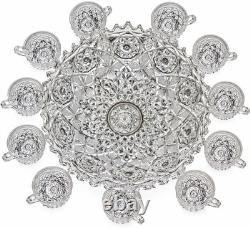 Antique 1880s American Brilliant Cut Crystal Punch Bowl Set 11 Cups Pedestal