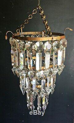 Antique 1920s Brass Albert Cut Crystal 3 Tier Chandelier Ceiling Lamp Light VTG