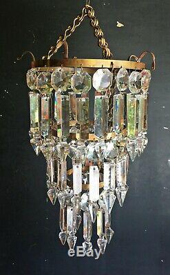 Antique 1920s Brass Albert Cut Crystal 3 Tier Chandelier Ceiling Lamp Light VTG