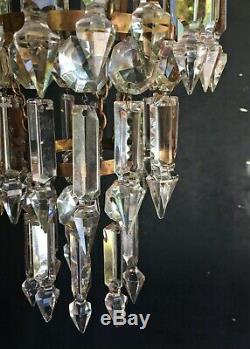 Antique 1920s Brass Albert Cut Crystal 3 Tier Chandelier Ceiling Lamp Light VTG