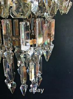 Antique 1920s Brass Albert Cut Crystal 3 Tier Chandelier Ceiling Lamp Light VTG