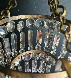 Antique 1920s Brass Albert Cut Crystal 3 Tier Chandelier Ceiling Lamp Light VTG