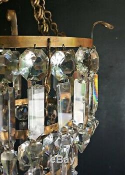 Antique 1920s Brass Albert Cut Crystal 3 Tier Chandelier Ceiling Lamp Light VTG