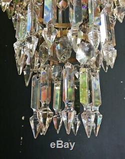 Antique 1920s Brass Albert Cut Crystal 3 Tier Chandelier Ceiling Lamp Light VTG